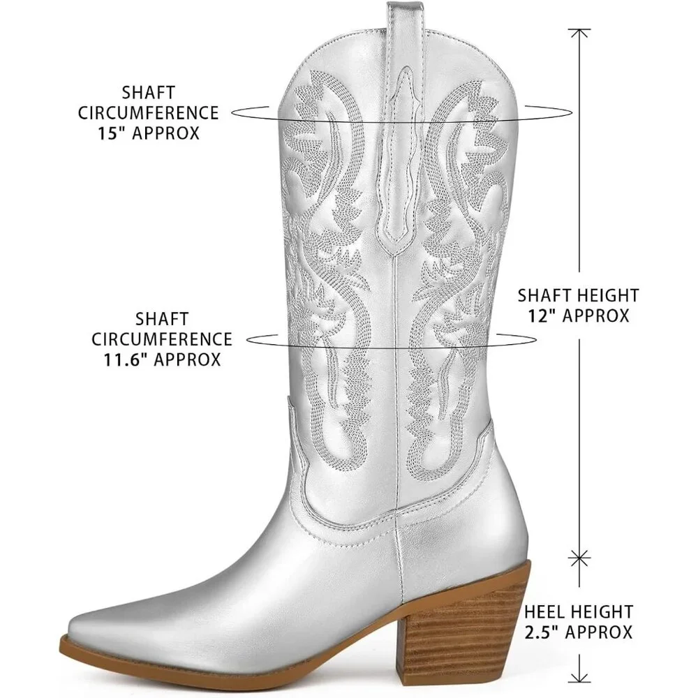 ✨ Women's Silver Cowgirl Embroidered Cowboy Chunky Block Heel Western Boots